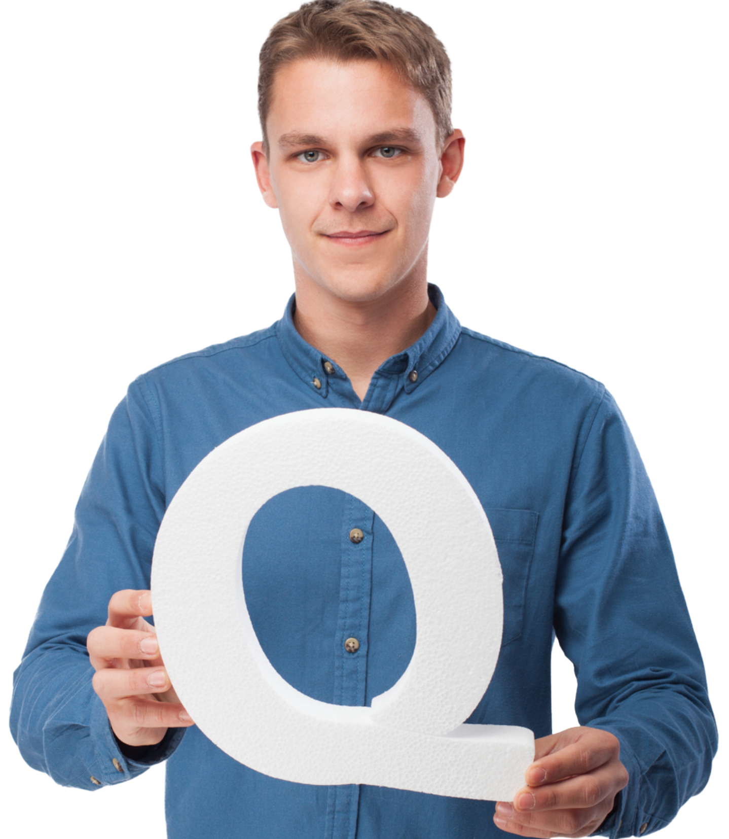 Person holding letter Q